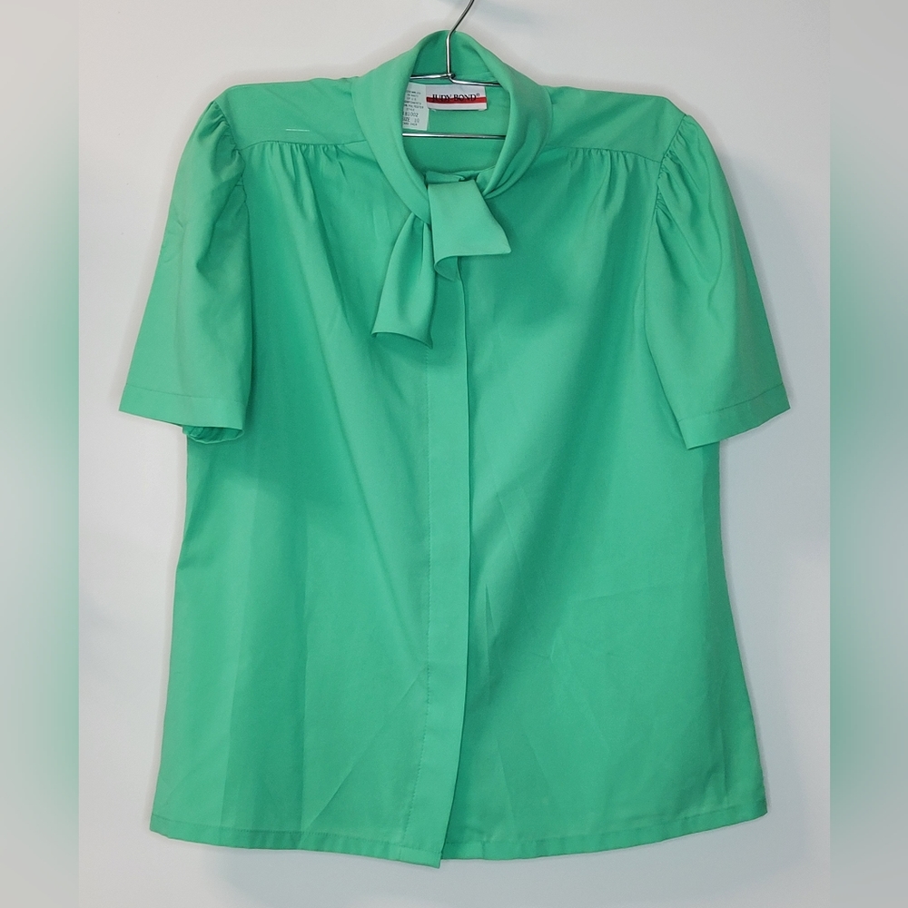 Vintage Judy Bond Green Short Sleeve Blouse Shirt w/Bow Tie Scarf Sz 10
